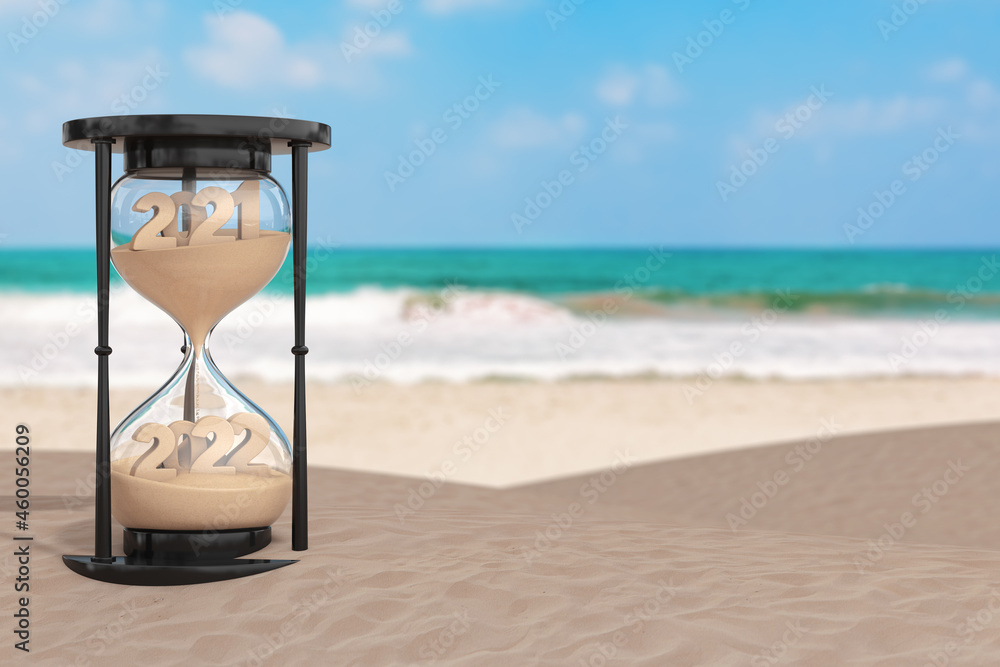 Poster 2022 New Year Vacation Concept.  Sand Falling in Hourglass Taking the Shape from 2021 to 2022 year on an Ocean Deserted Coast. 3d Rendering