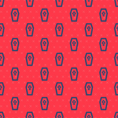 Blue line Coffin with christian cross icon isolated seamless pattern on red background. Happy Halloween party. Vector