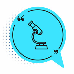 Black line Microscope icon isolated on white background. Chemistry, pharmaceutical instrument, microbiology magnifying tool. Blue speech bubble symbol. Vector