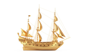 Golden Vintage Tall Sailing Ship, Caravel, Pirate Ship or Warship. 3d Rendering - obrazy, fototapety, plakaty