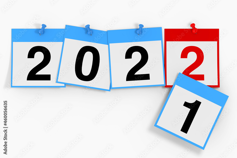 Poster new 2022 year start concept. calendar sheets with 2022 new year sign. 3d rendering