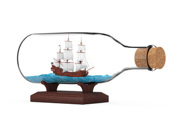Wooden Vintage Tall Sailing Ship, Caravel, Pirate Ship or Warship Model in Glass Bottle. 3d Rendering