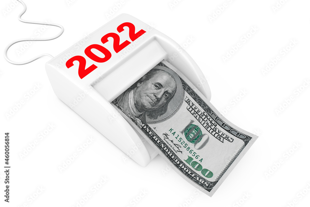 Poster make money in 2022 new year concept. money maker 2022 new year machine with dollars banknote. 3d ren