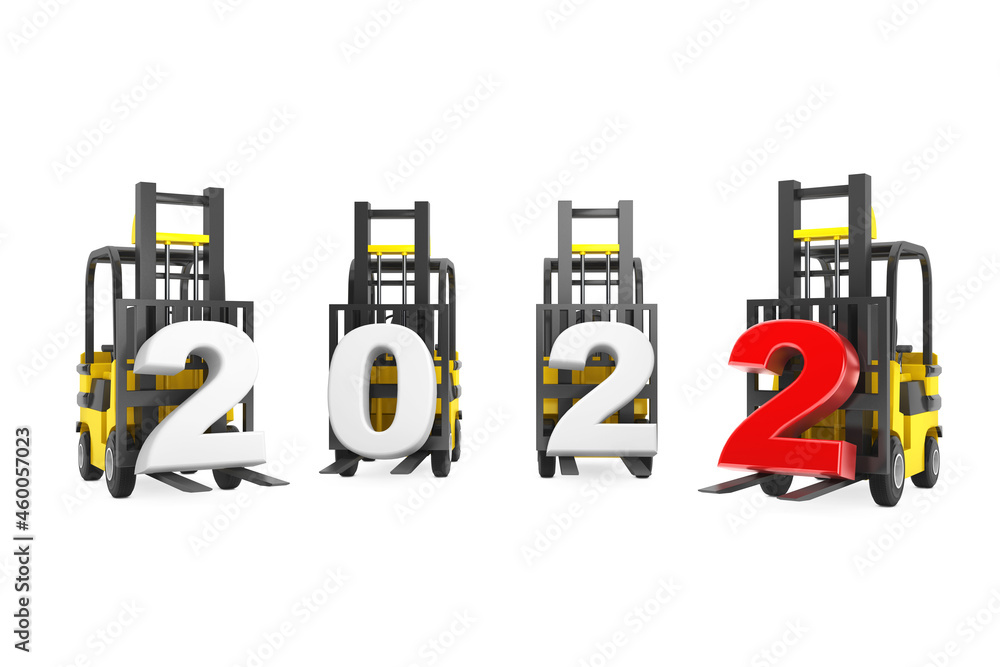 Poster forklift trucks with 2022 new year sign. 3d rendering