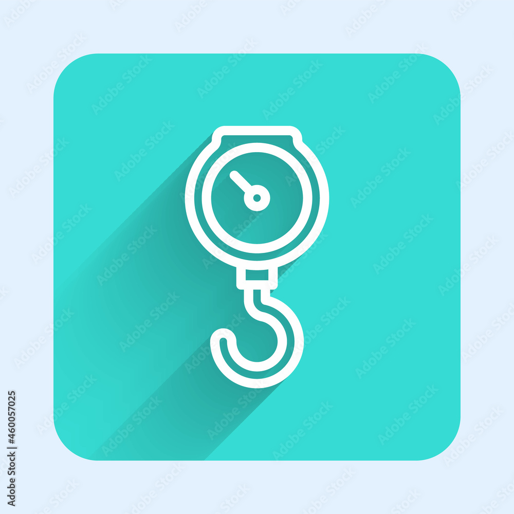Poster white line hand scale spring mechanical icon isolated with long shadow. green square button. vector