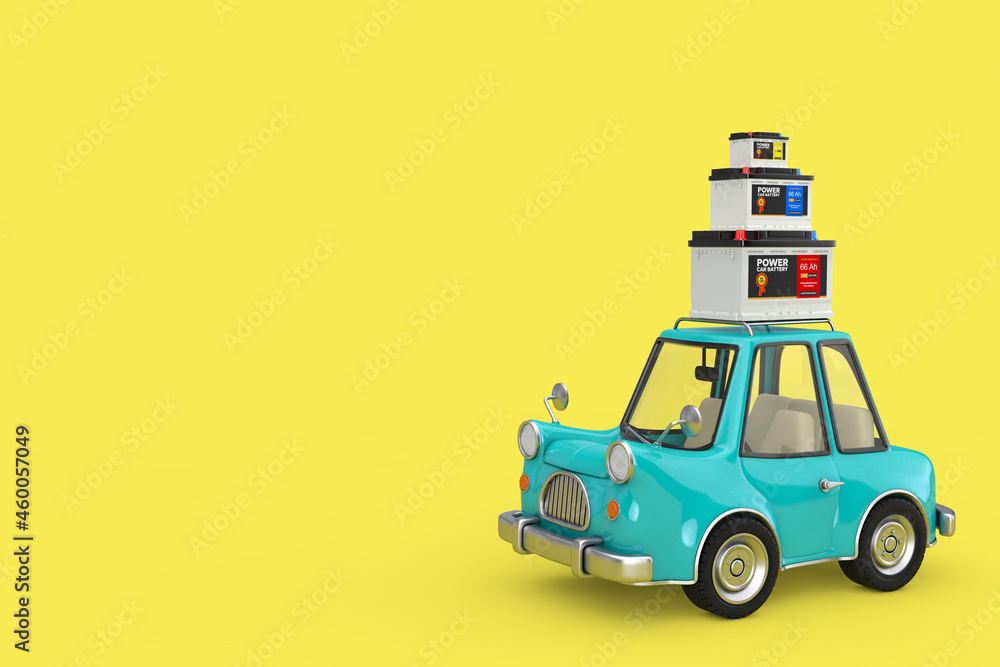 Poster rechargeable car battery 12v accumulator with abstract label with blue cartoon car. 3d rendering
