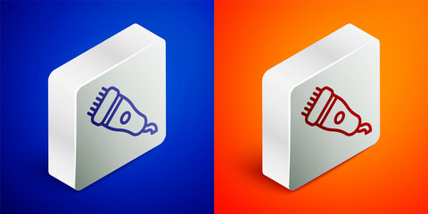 Isometric line Electrical hair clipper or shaver icon isolated on blue and orange background. Barbershop symbol. Silver square button. Vector