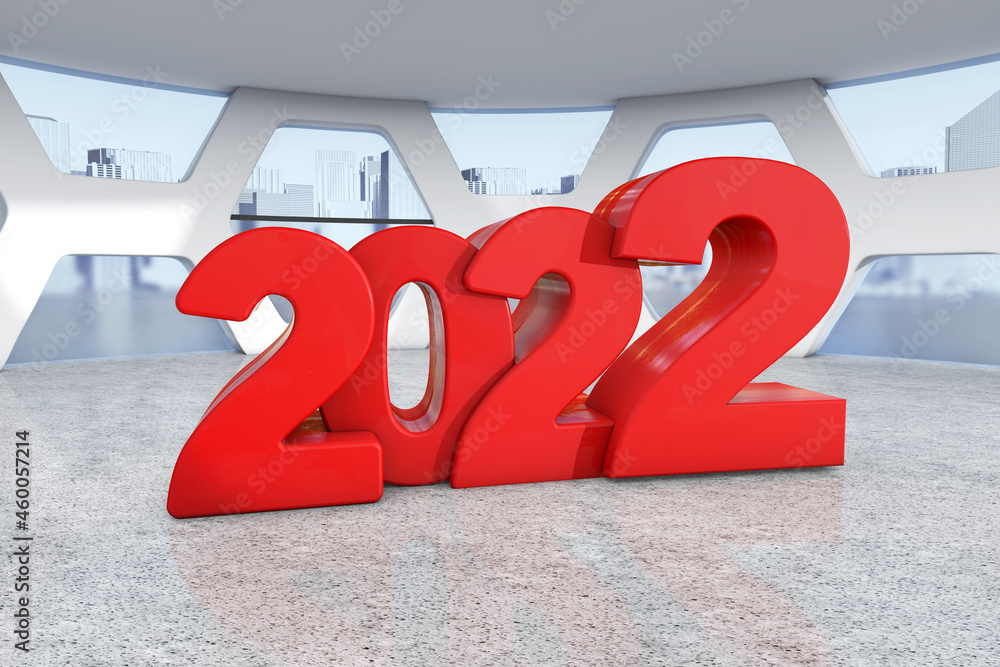 Poster red new 2022 year sign in abstract bright office meeting room. 3d rendering