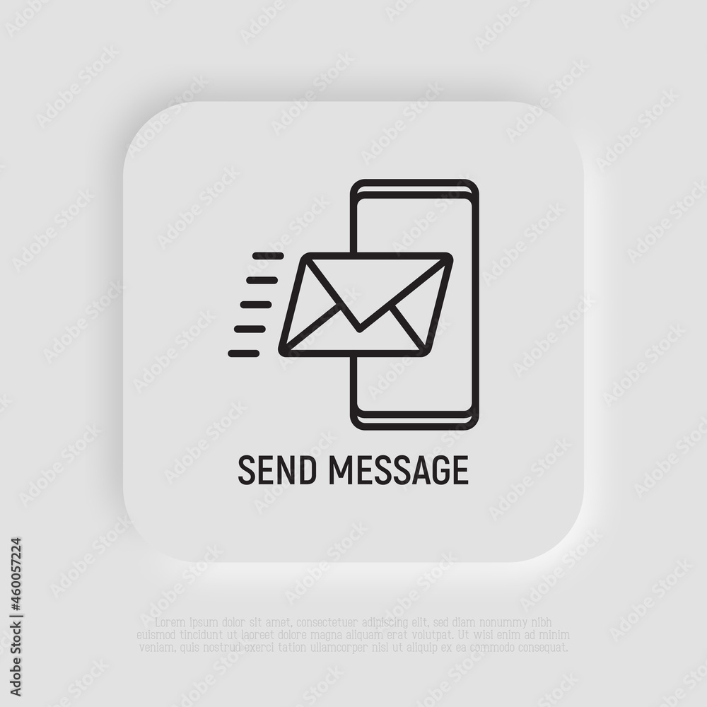 Poster send message, envelope flying on smartphone thin line icon. modern vector illustration of web commun