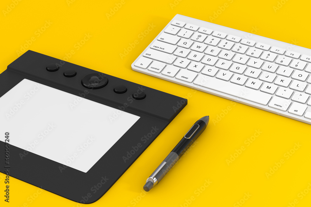 Poster professional graphics tablet with digitized pen near computer keyboard. 3d rendering