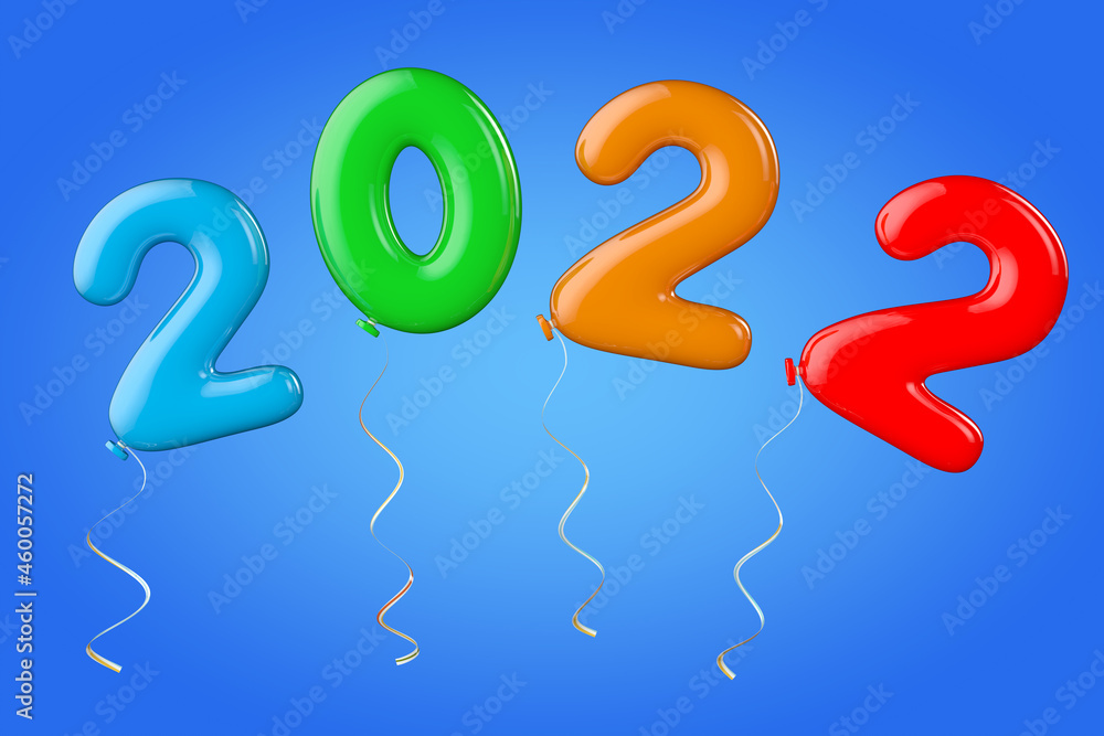 Aufkleber multicolour balloons as 2022 new year sign. 3d rendering