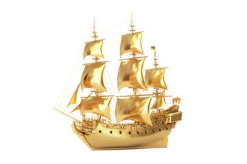 Golden Vintage Tall Sailing Ship, Caravel, Pirate Ship or Warship. 3d Rendering