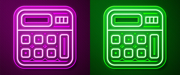 Glowing neon line Calculator icon isolated on purple and green background. Accounting symbol. Business calculations mathematics education and finance. Vector