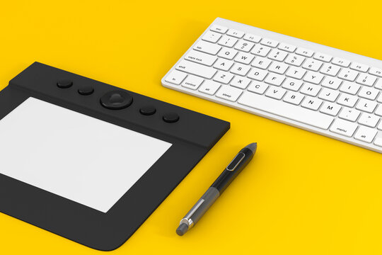 Professional Graphics Tablet with Digitized Pen near Computer Keyboard. 3d Rendering