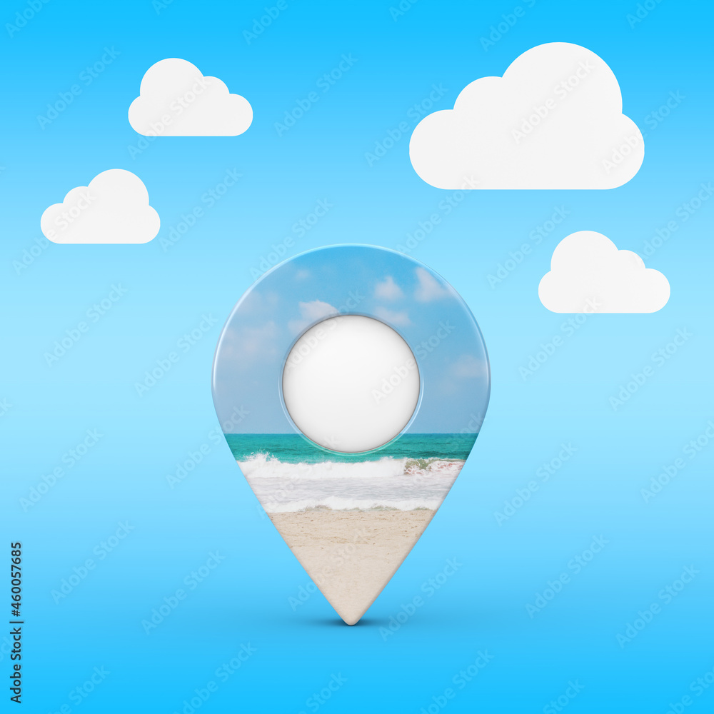 Poster map pointer pin with ocean or sea coast view. 3d rendering