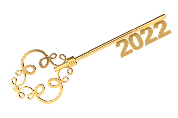 Golden Vintage Key with 2022 year Sign. 3d Rendering