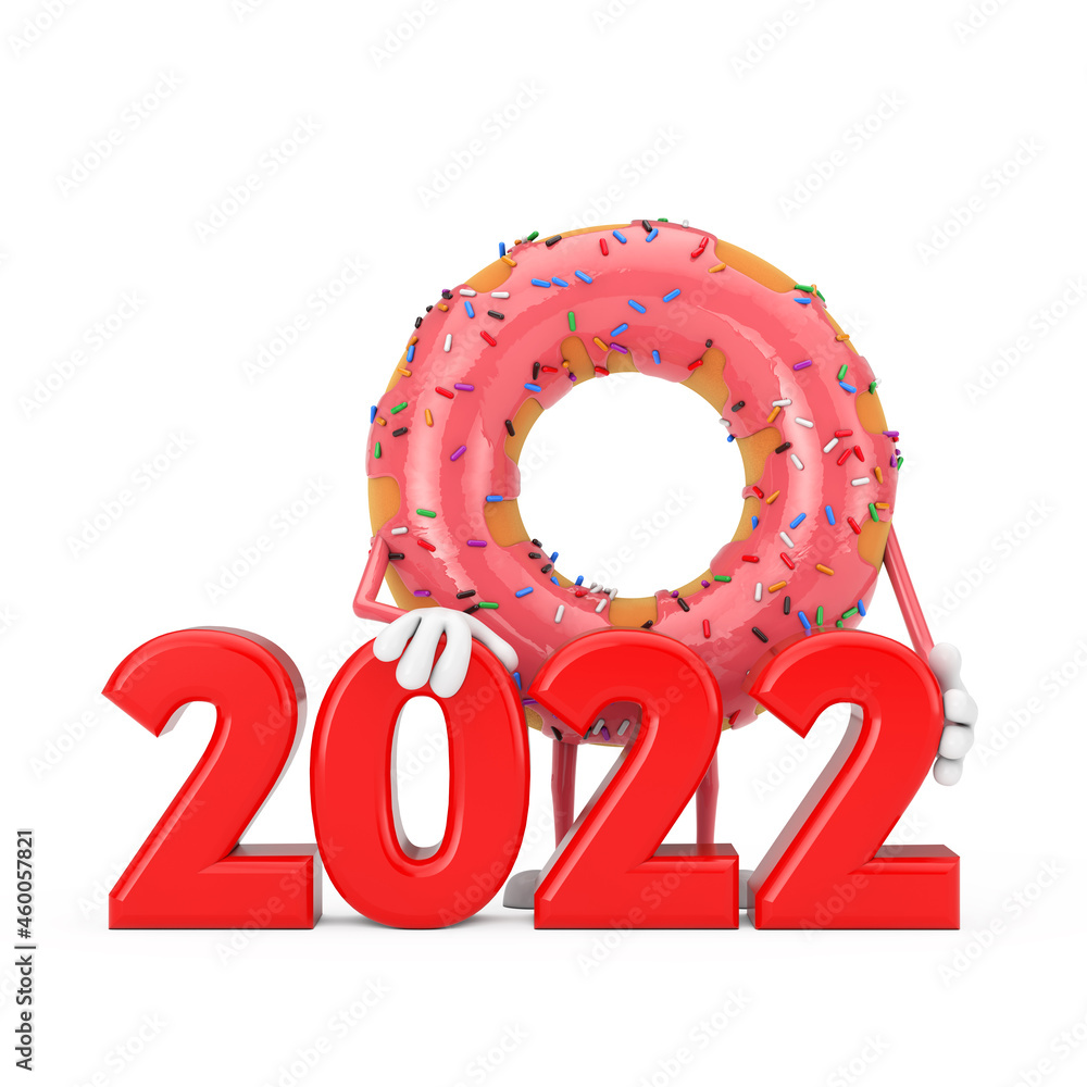 Aufkleber big strawberry pink glazed donut character mascot with red 2022 new year sign. 3d rendering