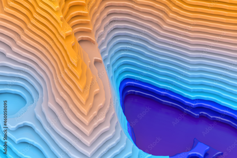 Poster  Abstract Landscape Topologic Layers Cut Style Scene with Mount and Sea. 3d Rendering