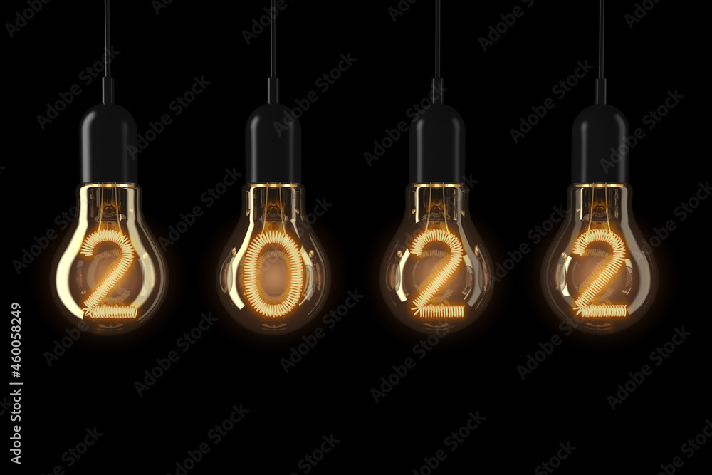 Poster light bulbs illuminated 2022 new year. 3d rendering