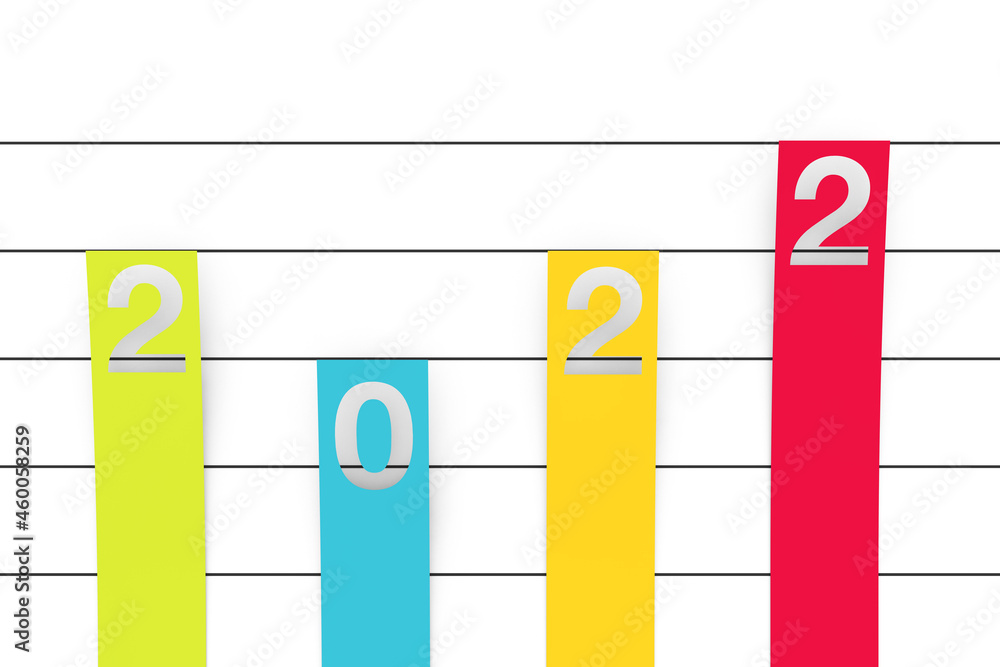 Poster colour column flat graph chart infographics paper elements with 2022 new year sign. 3d rendering