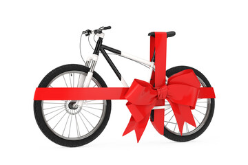 Black and White Mountain Bike with Red Ribbon as Gift. 3d Rendering