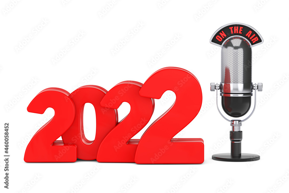 Poster 2022 new year concept. red 2022 new year sign with microphone and on the air sign. 3d rendering