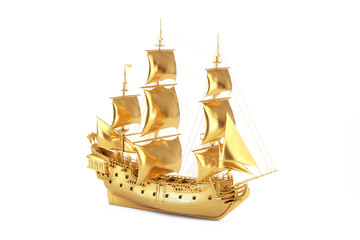 Golden Vintage Tall Sailing Ship, Caravel, Pirate Ship or Warship. 3d Rendering © doomu