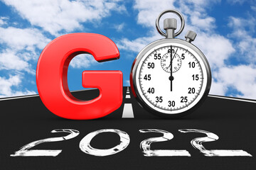 New 2022 Year Concept. Stopwatch as Go Sign over 2022 New Year Road. 3d Rendering