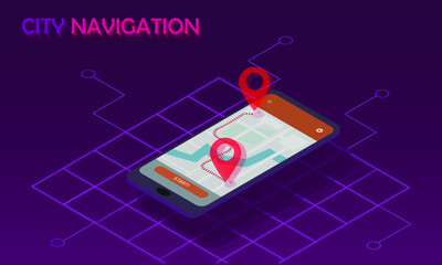 Isometric cyberpunk stylized city navigation mobile application concept. Smartphone with online map and geotags. Vector illustration
