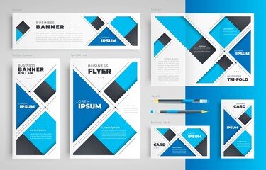 Stripes abstract blue color theme set flyer cover, tri-fold, banner, roll up banner, business card