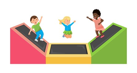 Kid jumping on trampoline. Children leisure, kids zone, active rest for little girl and boy.
