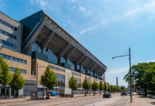 Copenhagen, Denmark- June 26, 2019: View of Parken Stadium in the Indre Osterbro district. Venue of upcoming The 2020 UEFA European Football Championship matches.