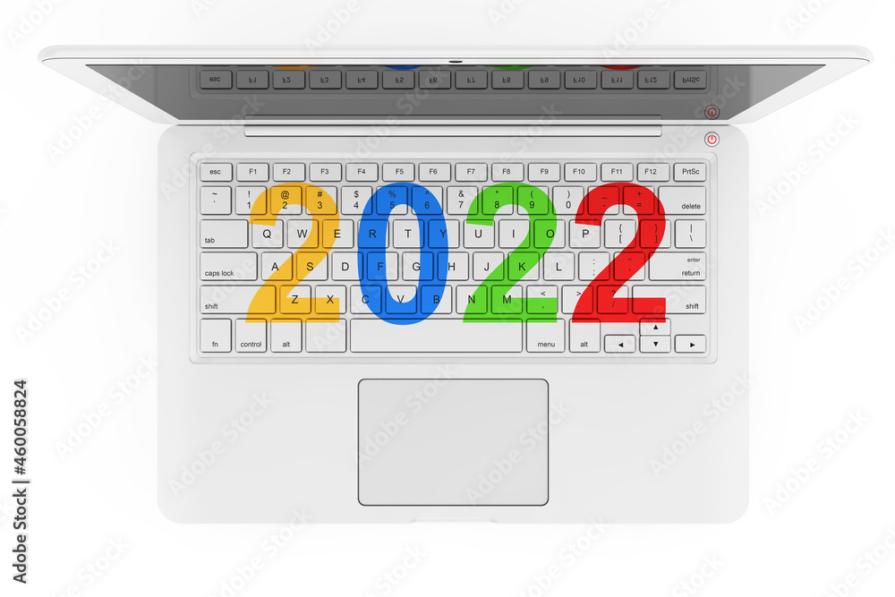 Aufkleber white laptop with 2022 new year sign. 3d rendering