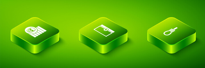 Set Isometric Antique treasure chest, Gallows rope loop hanging and Pirate coin icon. Vector