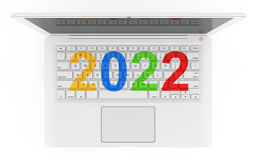 White Laptop with 2022 New Year Sign. 3d Rendering