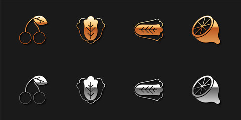 Set Cherry, Cabbage, and Lemon icon. Vector