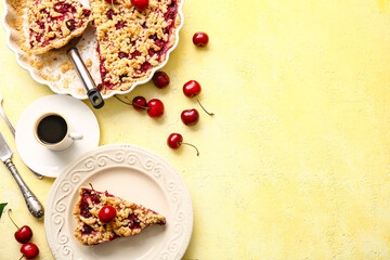 Plate with piece of tasty cherry pie and cup of coffee on color background