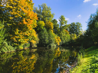 Autumn trees with colorful leaves, reflection on the pond, autumn park