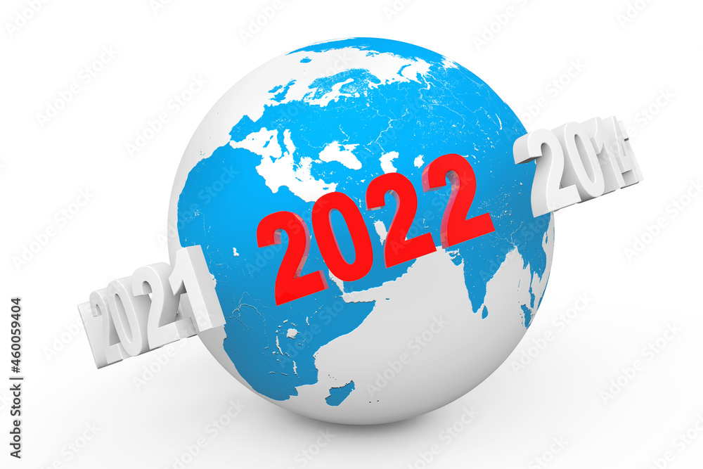 Poster New Year Concept. 3d number 2022 around Earth Globe. 3d Rendering