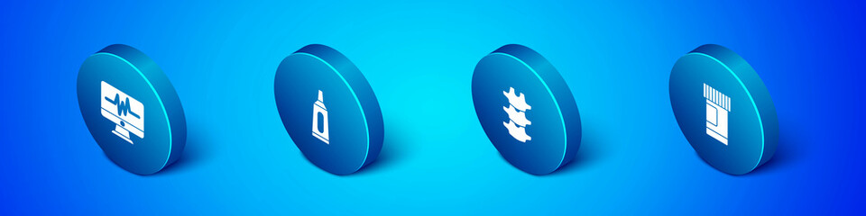 Set Isometric Monitor with cardiogram, Human spine, Medicine bottle and pills and Ointment cream tube medicine icon. Vector