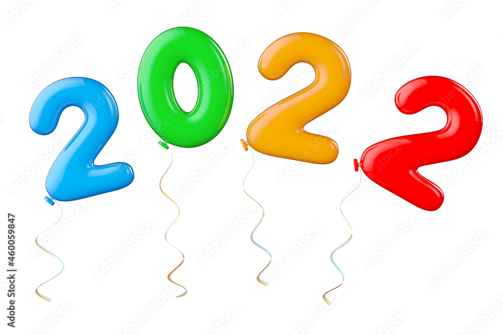 Aufkleber multicolour balloons as 2022 new year sign. 3d rendering