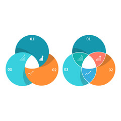 Three overlapping circles infographic. Venn diagram slide template vector illustration. 