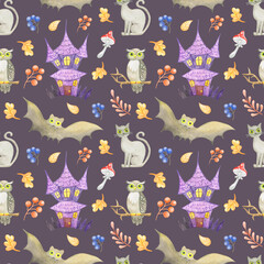 Seamless watercolor halloween pattern isolated on deep purple background.Hand drawn cartoon illustrations.Haunted house,grey cat,bat,owl,berries,fly agaric,oak leaf.Use for wrapping,packaging.