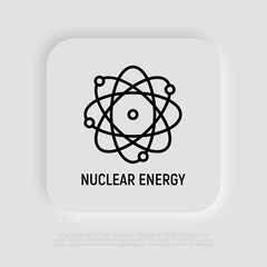 Nuclear energy thin line icon, electrons are moving around atom. Modern vector illustration.