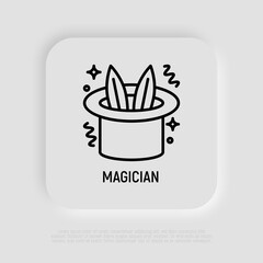 Magician hat with rabbit ears thin line icon. Modern vector illustration. Logo for entertainment show.