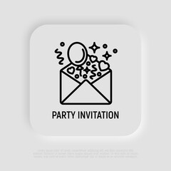 Party invitation, envelope with balloons and hearts thin line icon. Modern vector illustration.