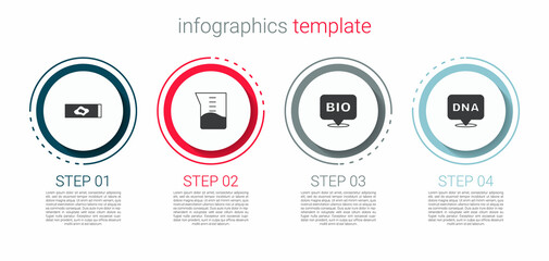 Set Blood test and virus, Laboratory glassware or beaker, Bio healthy food and DNA symbol. Business infographic template. Vector
