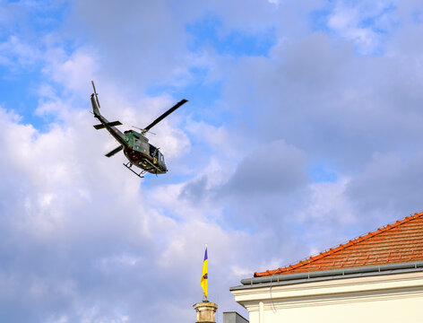 helicopter of the Austrian Armed Forces flying above the townhall of Tulln at a manoeuver, Austria