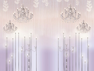 Beautiful wedding background. Birthday background. Background for wedding decoration. Background with crystal chandeliers and candles. Delicate lilac background.