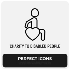 Charity to disabled thin line icon: man in wheelchair in heart shape. Symbol of support, care and understanding to people with disability.